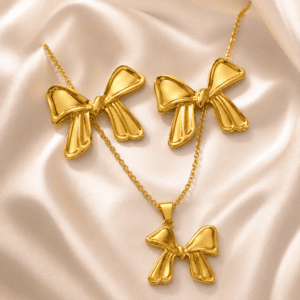 18K Gold Bow Jewelry Set for Women | Necklace & Earrings