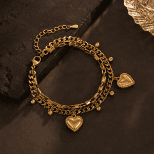 Gold Heart Charm Layered Bracelet for Women Waterproof 18K Gold Plated Stainless Steel Luxury Bracelet