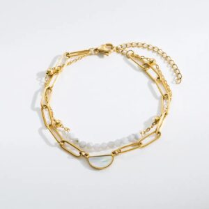Gold Plated Paperclip Chain Bracelet with White Beads