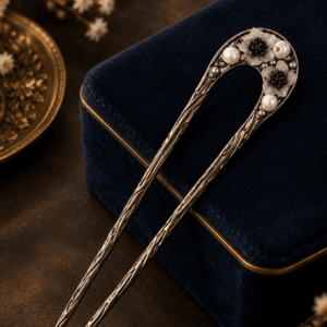 luxury pearl floral hair pin with white flowers and pearl detailing
